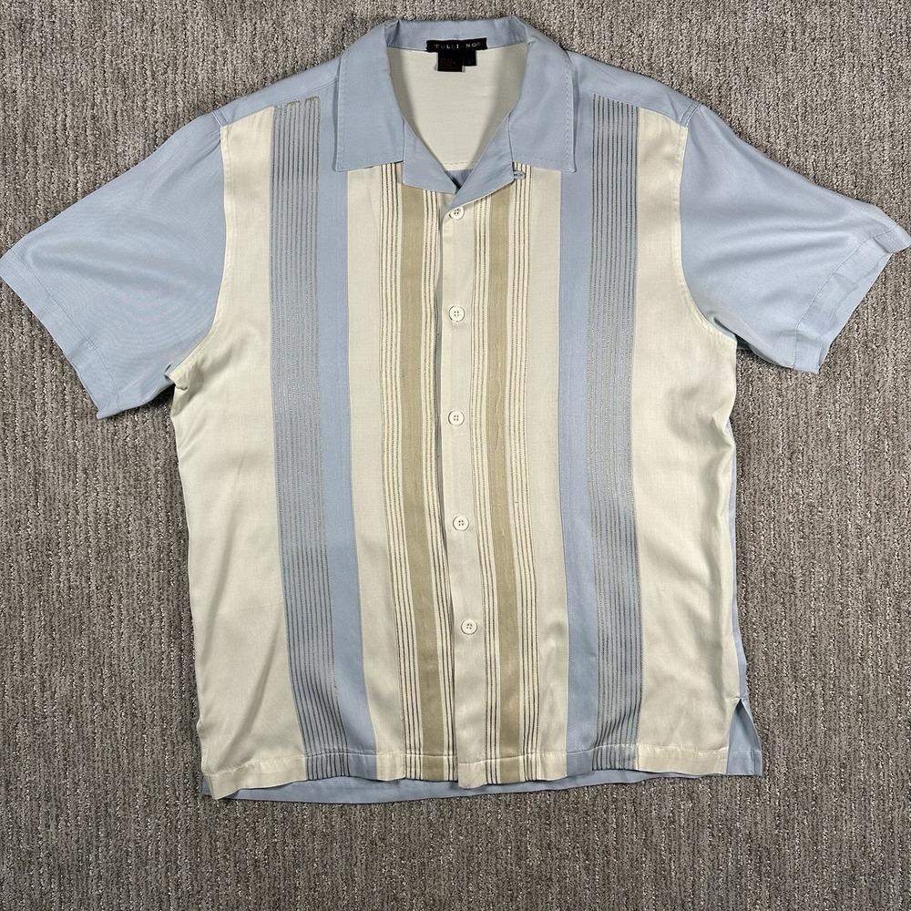 Tulliano 100% Silk Shirt Men's Size Large Short Sleeve Blue Stripe Loop Collar